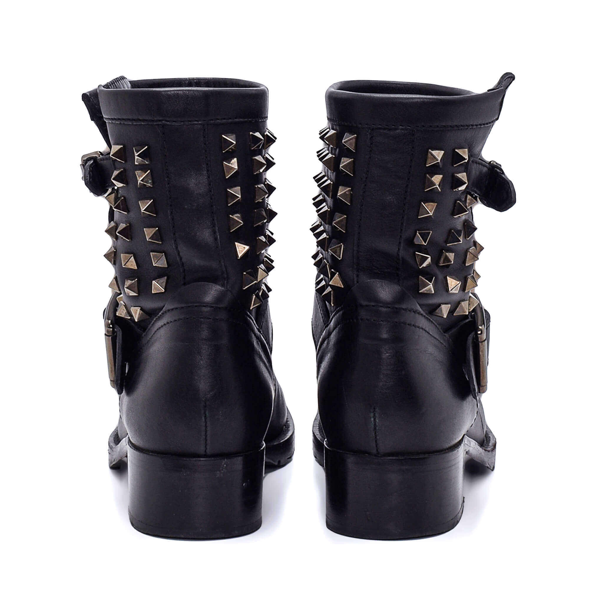 Valentino - Black Leather Double Buckle Rockstudded Boots